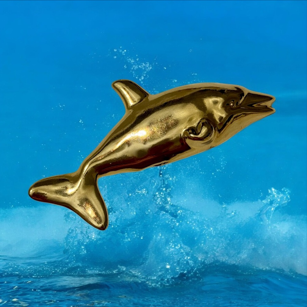 Vintage Extra Large Gold Brass Dolphin Fish Brooch Pin